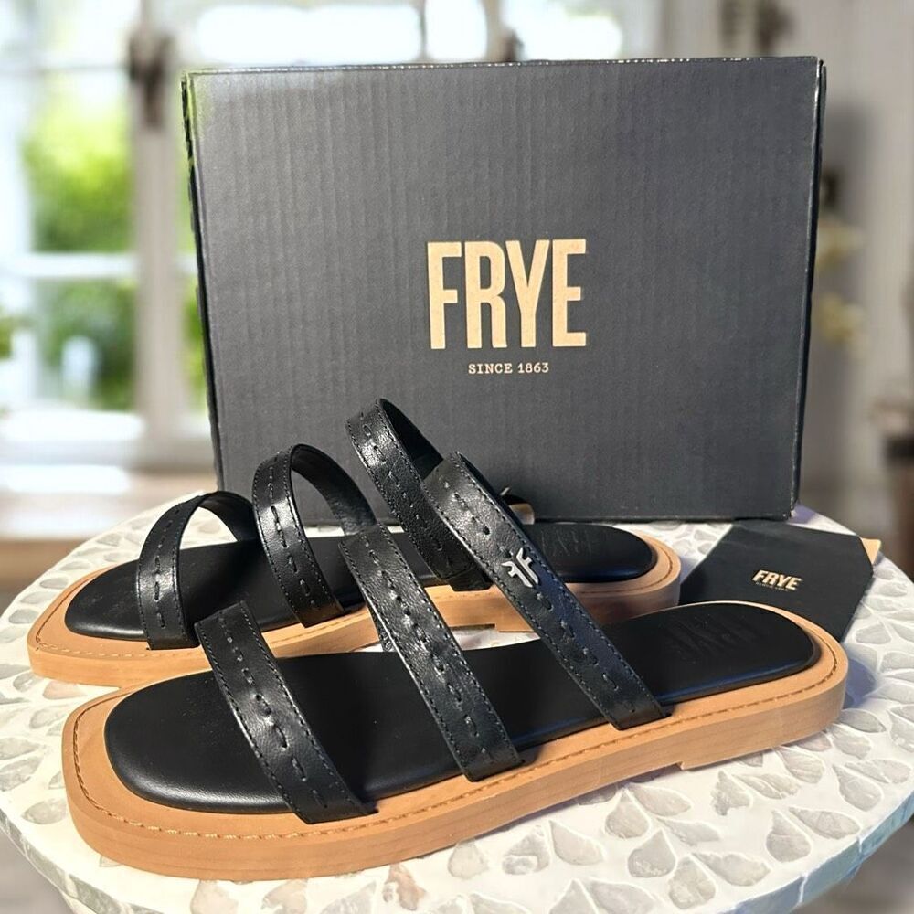 Frye Faye Leather Strappy SlideSandals Black Flat Women’s Size 7.5 NIB